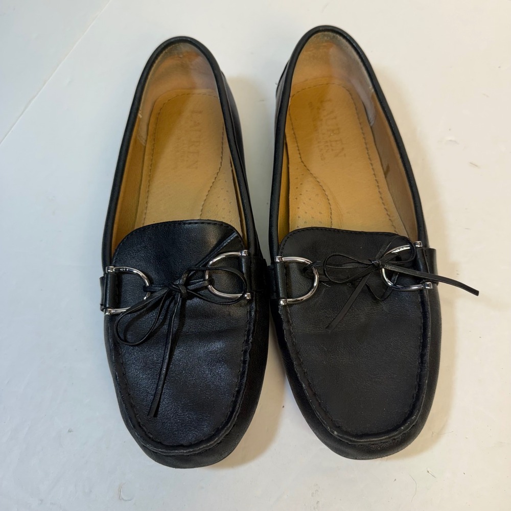 Lauren Ralph Lauren Briley Black Leather Driving Loafers Flats Silver Bow 7.5B